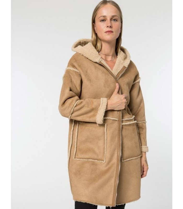Tiffosi women's mouton coat with hood (10045167-BERBERE-209-BEIGE)