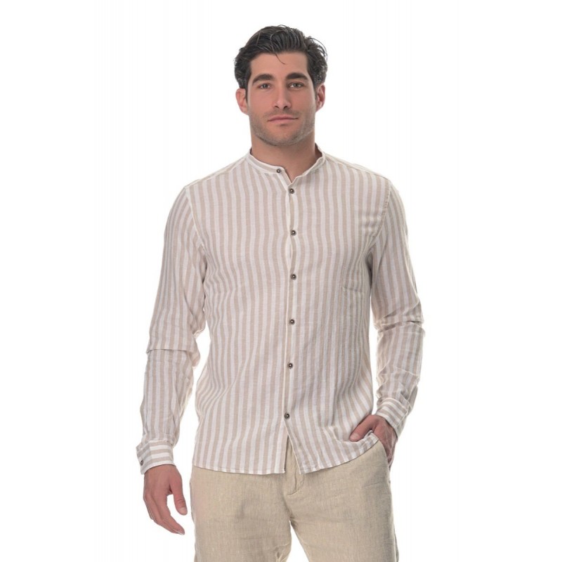 Men's long-sleeve linen striped shirt Hamaki-Ho (CE1210H-MOK-BEIGE)